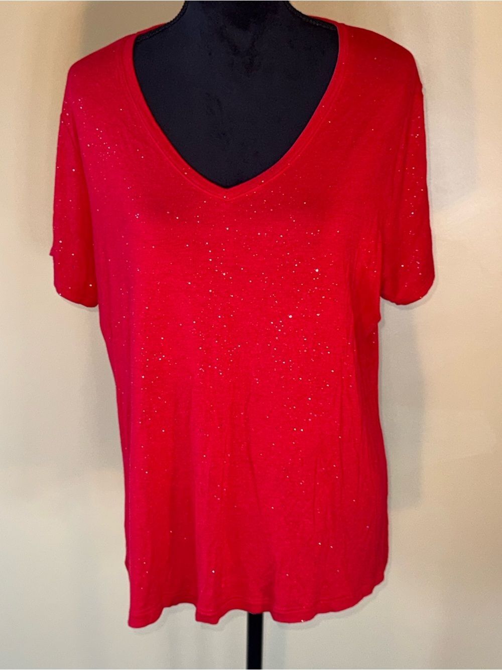 Celebrate Together Red Silver Sparkle V Neck Short Sleeve Tee Top Plus Size XXL - Picture 2 of 10